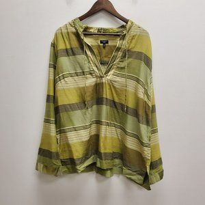 Talbots Womens Long Sleeve Blouse Size 2X Deep V-Neck Green Striped Tie Neck
